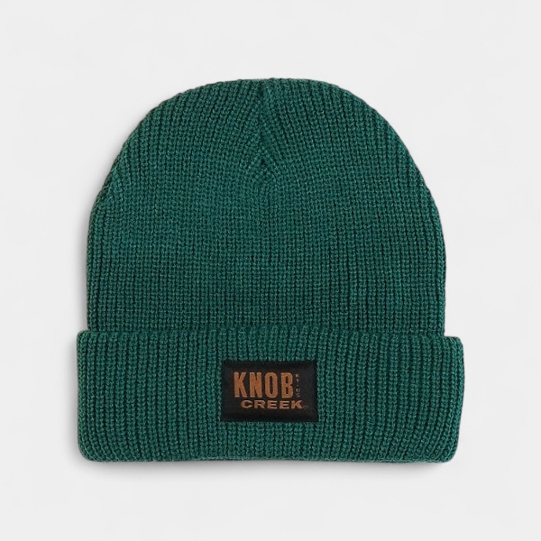 Knob Creek green knit beanie with Knob Creek woven label