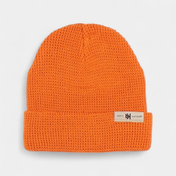 Basil Hayden orange knit beanie with woven label