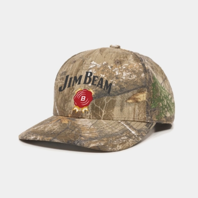 Jim Beam Camo Hat front view with Realtree camo pattern and logo