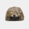 Back of Jim Beam Camo Hat showing black plastic snap closure and woven loop tag