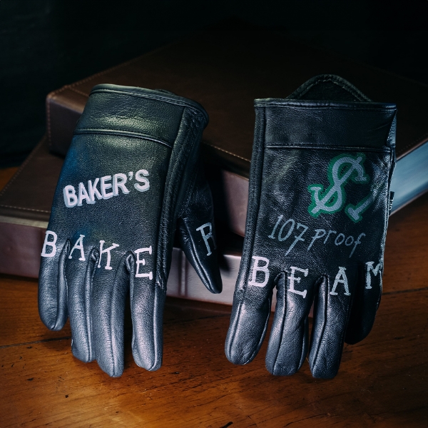 Jim Beam leather biker gloves with Baker's, 107 Proof, $1 and Baker Beam painted on them