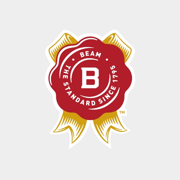 Jim Beam Rosette Sticker featuring a red wax-style seal with a bold white “B” in the center, gold ribbon accents, and text reading “Beam – The Standard Since 1795.”