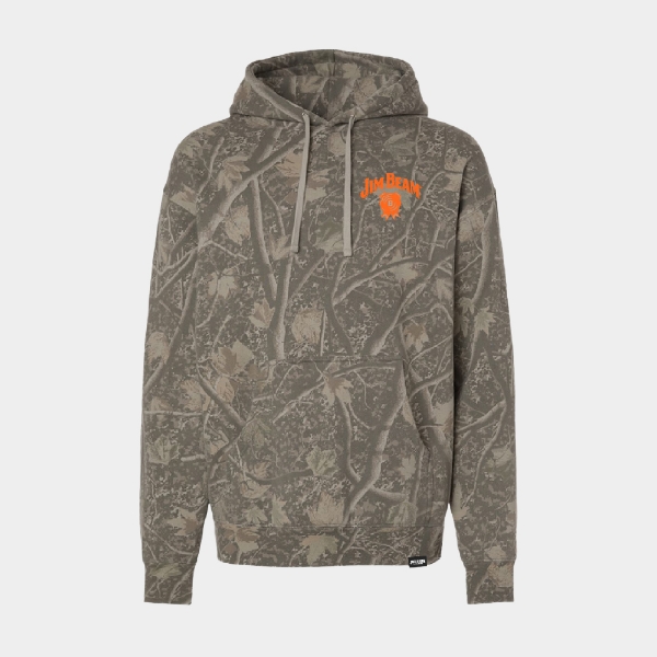 Jim Beam Camo pullover hoodie with an orange chest logo and front kangaroo pocket.