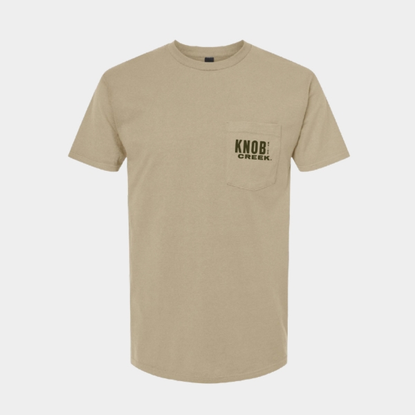 Tan short‑sleeve T‑shirt with a small left‑chest pocket logo.