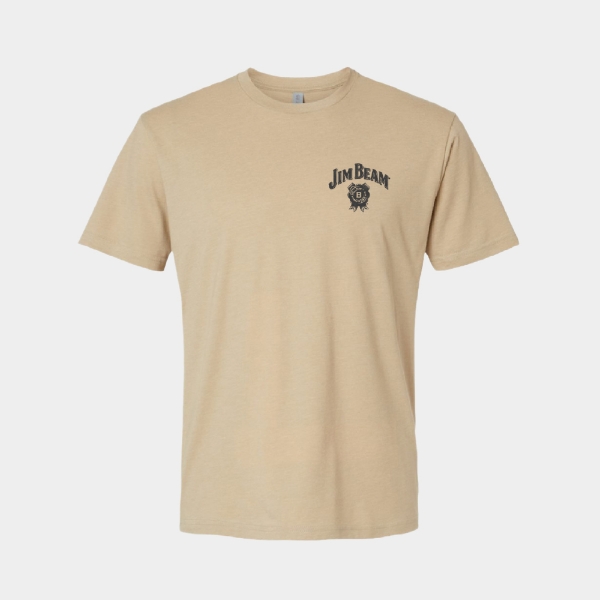 Tan short‑sleeve T‑shirt with a small left‑chest Jim Beam logo.