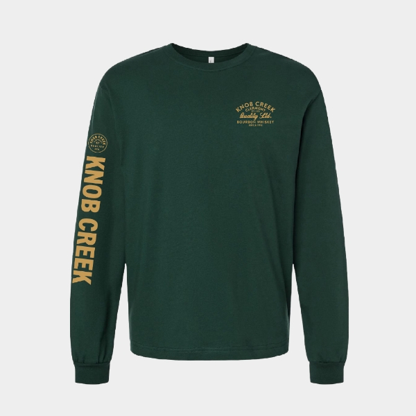Dark green long‑sleeve T‑shirt with a small left‑chest logo and large sleeve print.