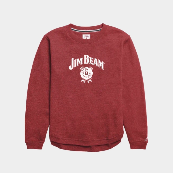 Maroon crewneck sweatshirt with a white chest graphic and ribbed cuffs.