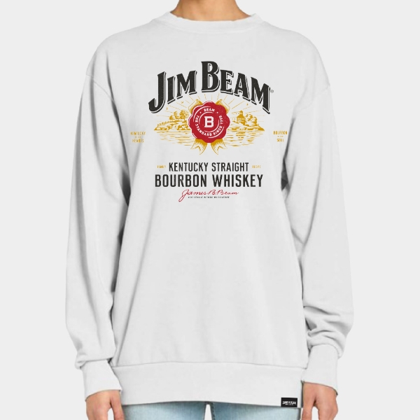 White crewneck sweatshirt with a large multicolor bourbon‑inspired front graphic.