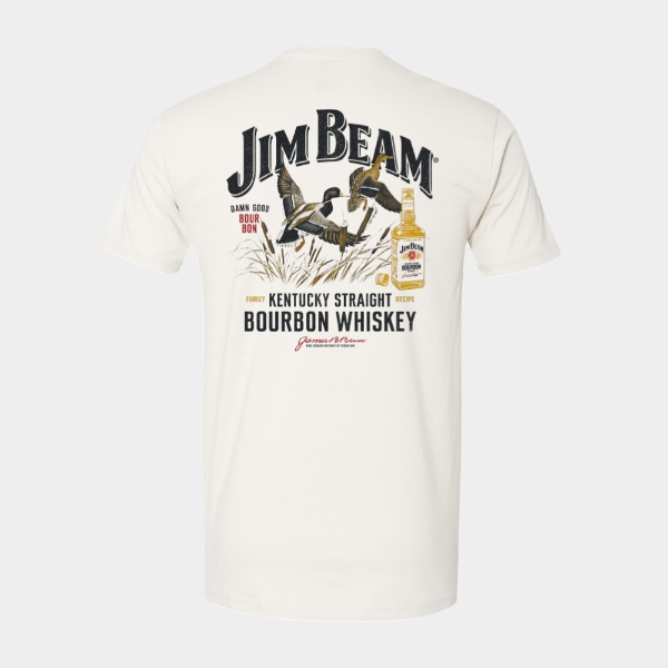 Back view of a cream-colored Jim Beam T-shirt featuring a large graphic of flying ducks, a bottle of Jim Beam bourbon, and bold Jim Beam branding with ‘Kentucky Straight Bourbon Whiskey’ text.