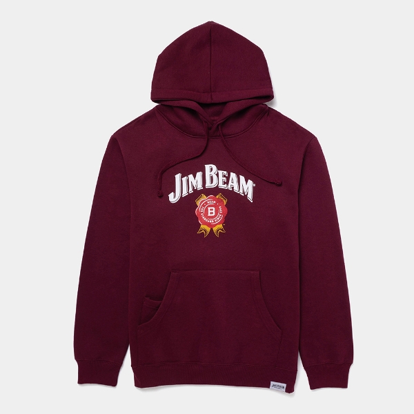 Maroon pullover hoodie with a large white and red heritage‑style front logo and a front kangaroo pocket.