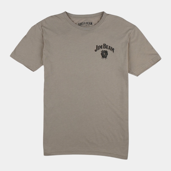 Tan short‑sleeve T‑shirt with a small left‑chest Jim Beam logo.