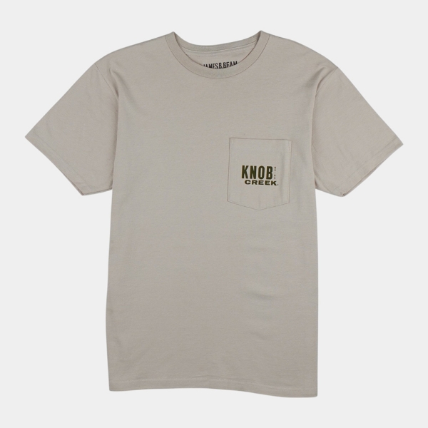 Tan short‑sleeve T‑shirt with a small left‑chest pocket logo.