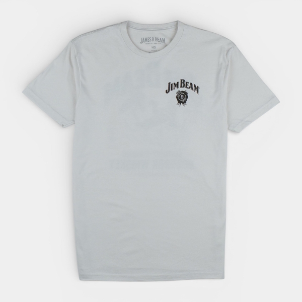 Jim Beam T-shirt featuring a small black Jim Beam logo with a crest on the left chest, displayed on a plain gray background.