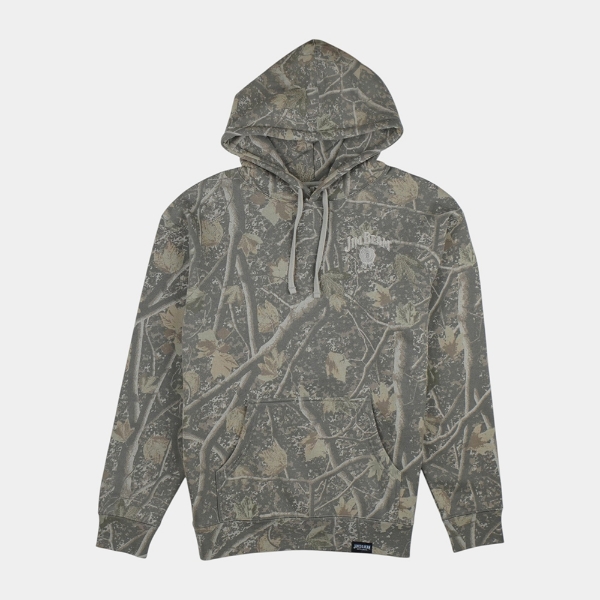 Jim Beam Camo pullover hoodie with an tan chest logo and front kangaroo pocket.