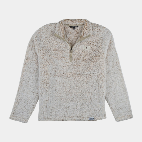 Basil Hayden Cream colored sherpa quarter‑zip pullover with a small chest patch and stand collar.