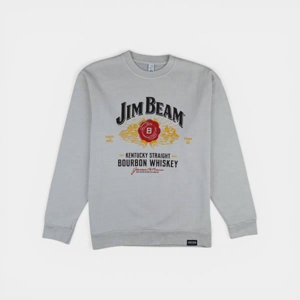White Jim Beam crewneck sweatshirt with a large multicolor bourbon‑inspired front graphic.