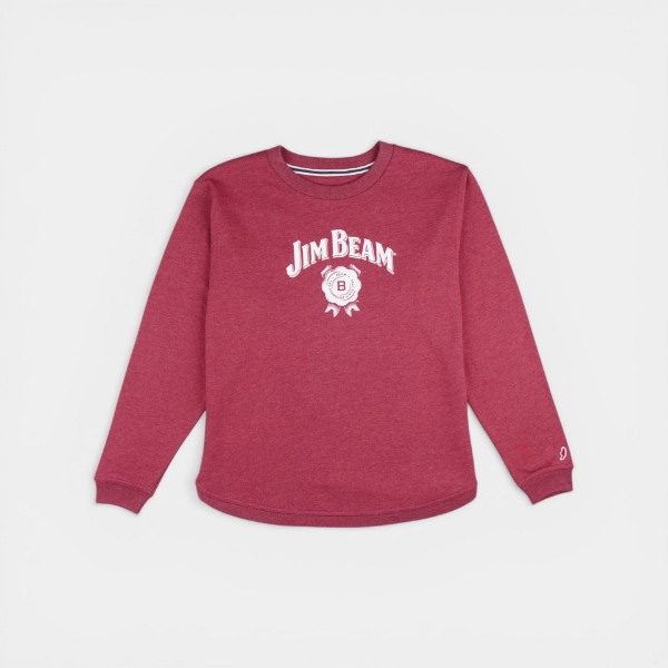 Maroon crewneck sweatshirt with a white chest graphic and ribbed cuffs.