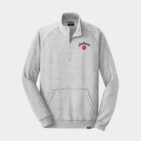Heather gray Jim Beam quarter zip pullover with embroidered logo on chest
