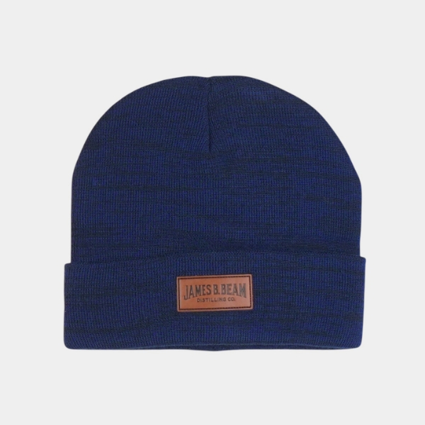 James B. Beam marled knit beanie with faux leather logo patch front view