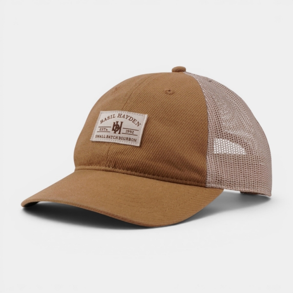 Basil Hayden twill patch trucker hat with woven logo patch front view