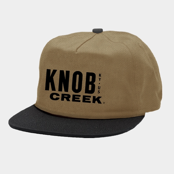 Knob Creek Felt Letter Hat with tan crown, black bill, and front logo