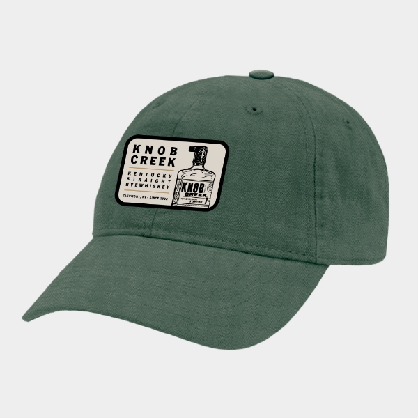 Knob Creek Green Patch Cap with vintage rye whiskey bottle patch front view