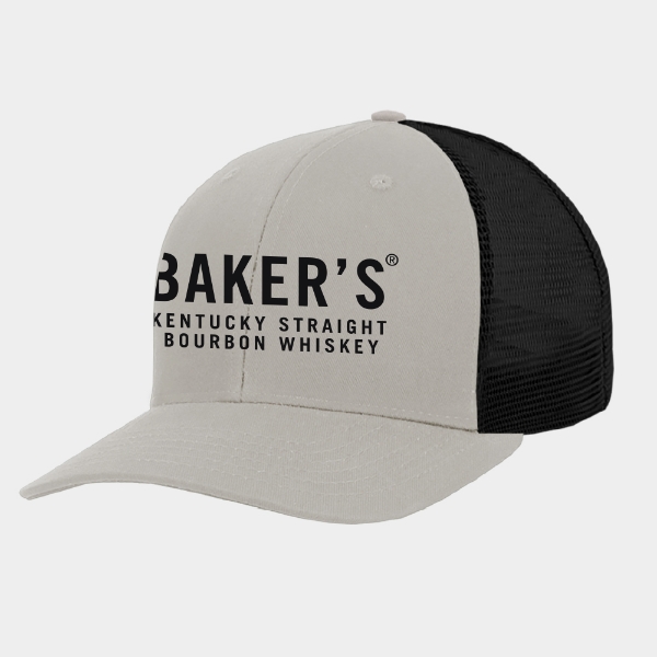 Baker’s Black & Cream Trucker Hat with Baker’s Kentucky Straight Bourbon Whiskey logo