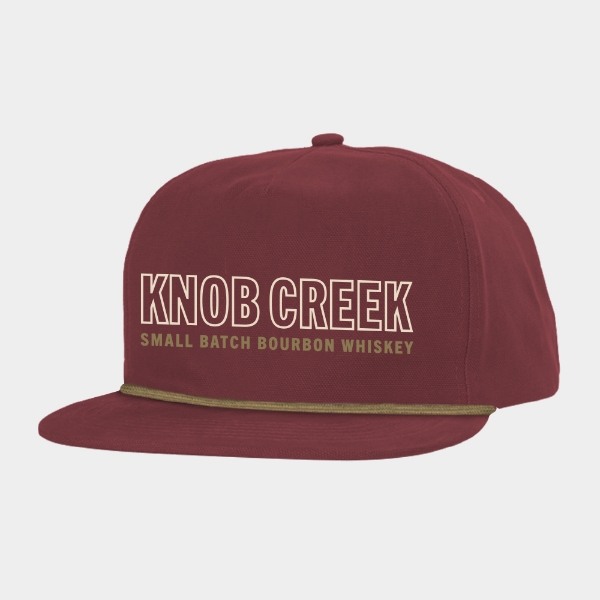Knob Creek Burgundy Canvas Cap with Small Batch Bourbon Whiskey logo and contrast rope detail