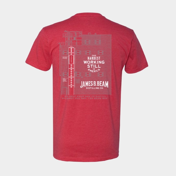 Back of red James B. Beam Hardest Working Still T-Shirt with large distillery still graphic