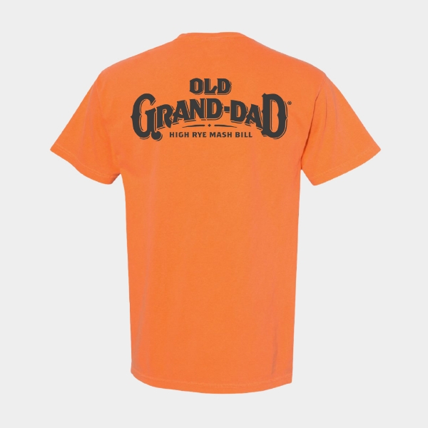 Back of Old Grand-Dad orange T-shirt with large High Rye Mash Bill logo