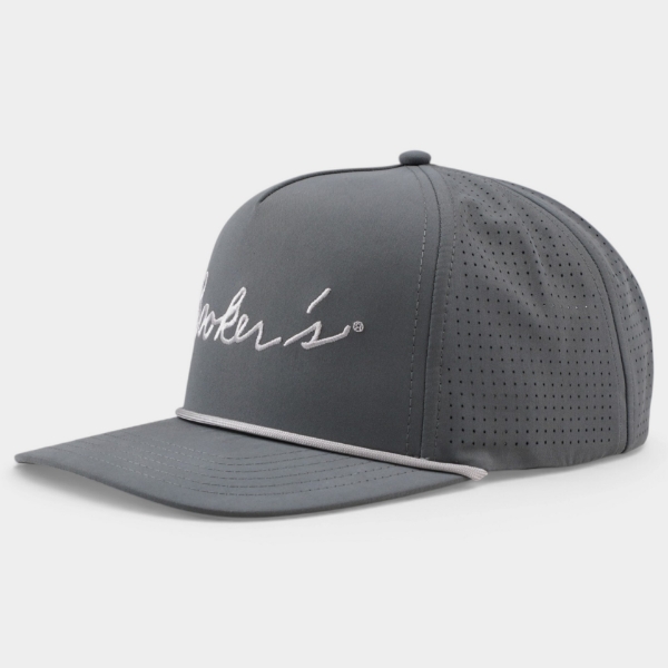 Angled view of the Booker’s Grey Cap showing the white script logo, rope detail, flat visor, and perforated side panels.