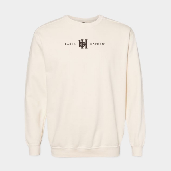 Front view of the Basil Hayden Ivory Crewneck featuring a dark Basil Hayden logo centered across the chest.