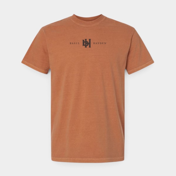 Front view of the Basil Hayden Heavyweight T-Shirt in warm orange with a dark Basil Hayden logo centered on the chest.