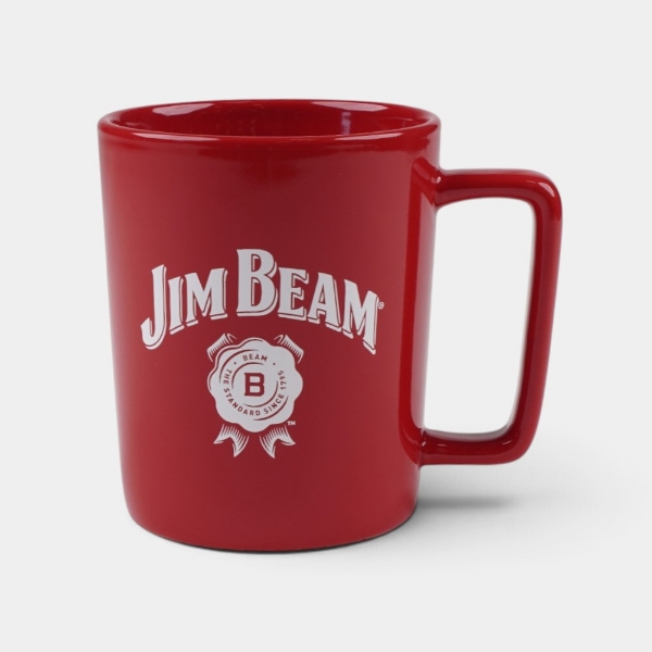 Red mug with Jim Beam logo and text