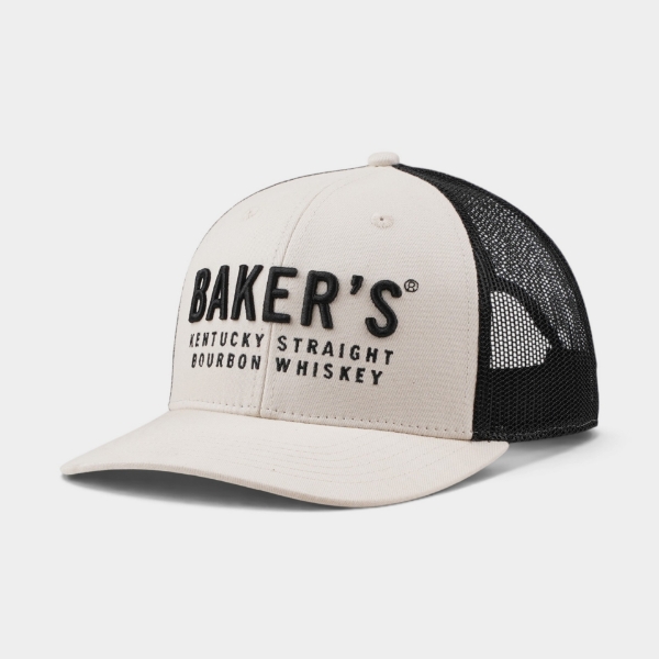 Baker’s Black & Cream Trucker Hat with Baker’s Kentucky Straight Bourbon Whiskey logo