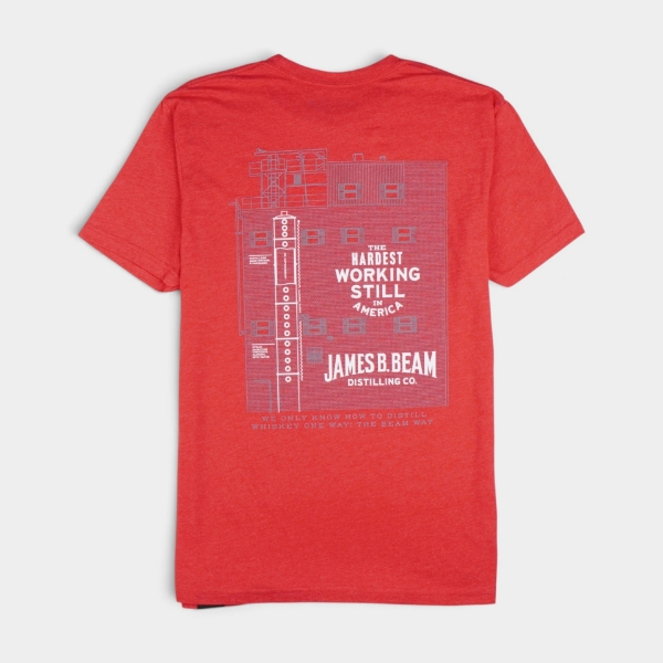 Back of red James B. Beam Hardest Working Still T-Shirt with large distillery still graphic