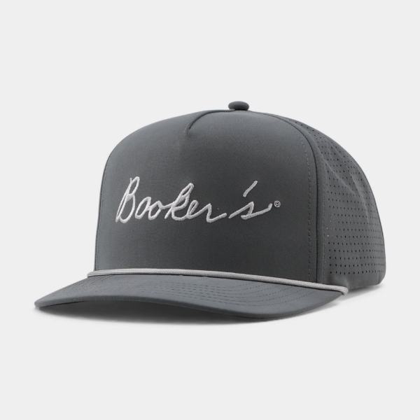 Angled view of the Booker’s Grey Cap showing the white script logo, rope detail, flat visor, and perforated side panels.