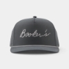 Front view of the Booker’s Grey Cap with white embroidered Booker’s script logo and contrasting rope detail above the visor.