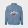 Back view of the Jim Beam Denim Jacket featuring a large white Jim Beam logo and red bourbon seal graphic.