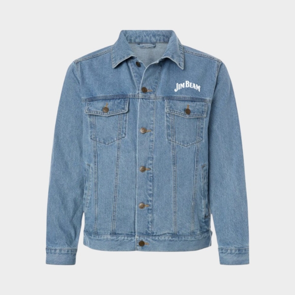 Front view of the Jim Beam Denim Jacket in light blue denim with white Jim Beam branding at the left chest.