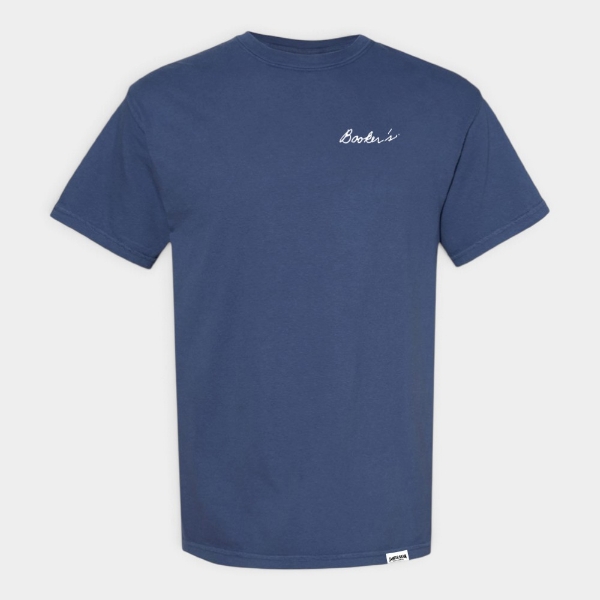 Front view of the Booker's Send It Back Tee in China Blue with a white Booker's signature at the left chest and a small Jim Beam label at the hem.